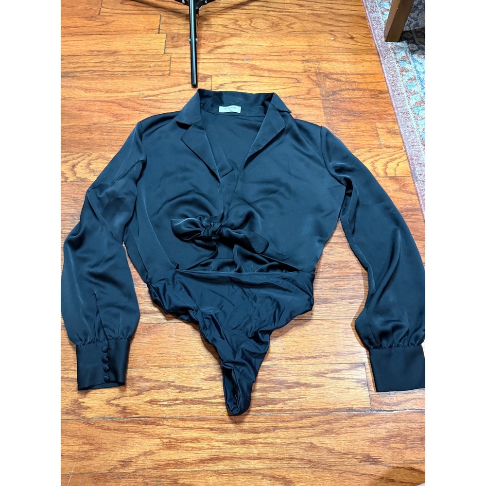Babaton Aritzia Black Satin Tie Front Long Sleeve Bodysuit Small 75452